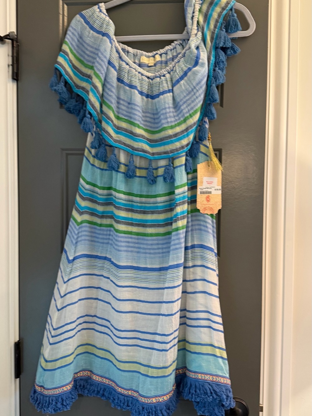 Rubyyaya Off-Shoulder Blue & Green Stripe summer stripe Dress with tassel L